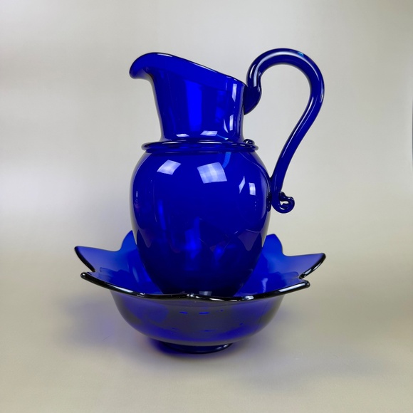 Vintage Cobalt Blue Glass Pitcher & Ruffled Bowl Set | Hand Blown Art Glass - Picture 16 of 16